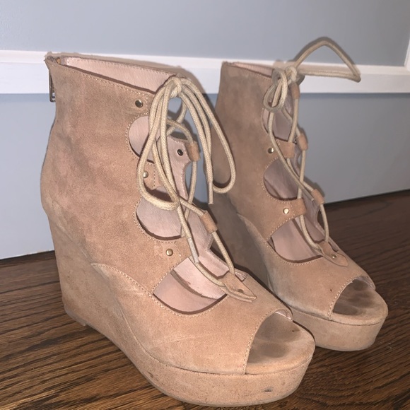 J•Slides Nude Lace Up Wedges - Picture 1 of 4